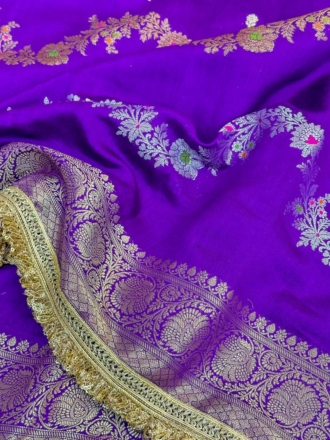 Purple Meenakari Leheriya Chiniya Silk Lace Attached Banarasi Saree 