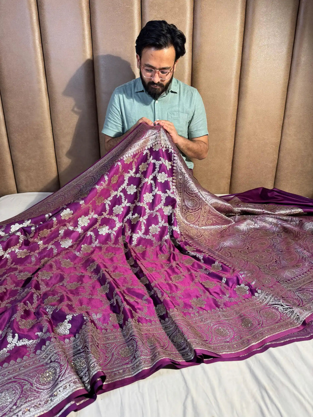 Purple Premium Banarasi Satin Silk Saree with Rich Pallu and Stone Work