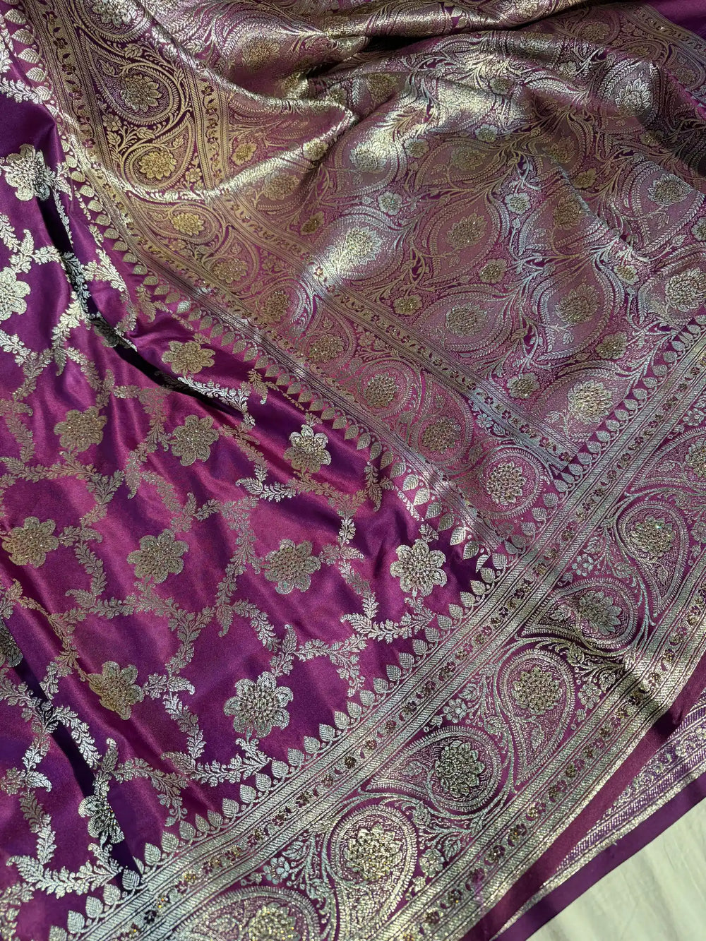 Purple Premium Banarasi Satin Silk Saree with Rich Pallu and Stone Work