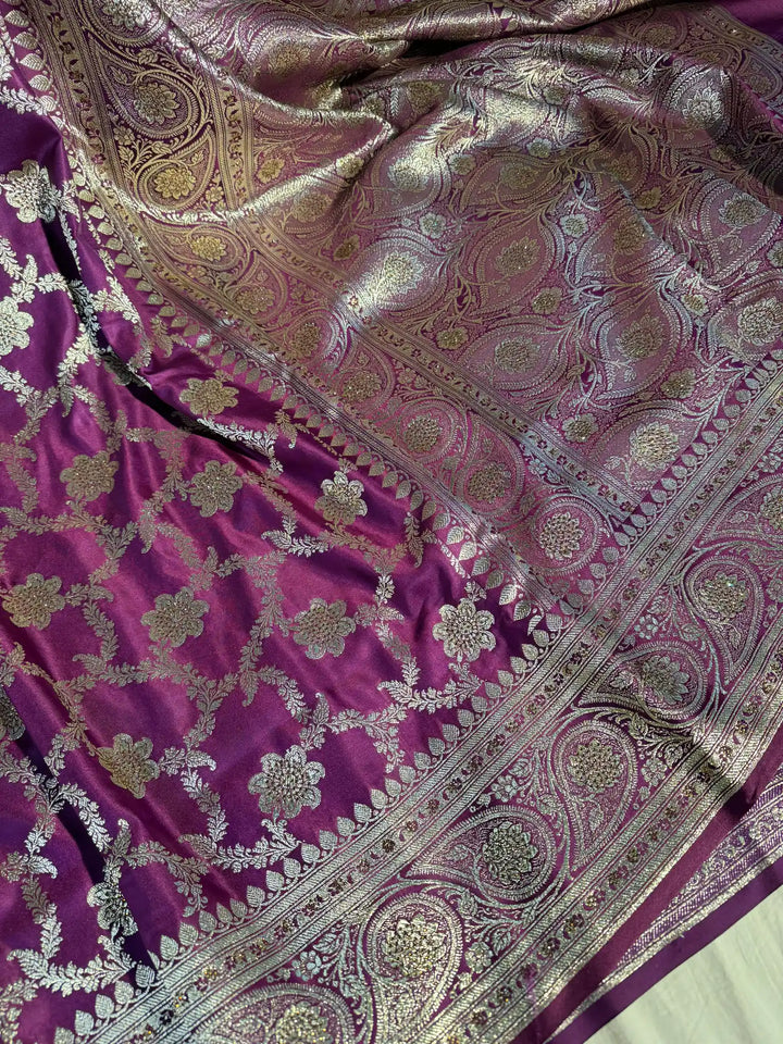 Purple Premium Banarasi Satin Silk Saree with Rich Pallu and Stone Work