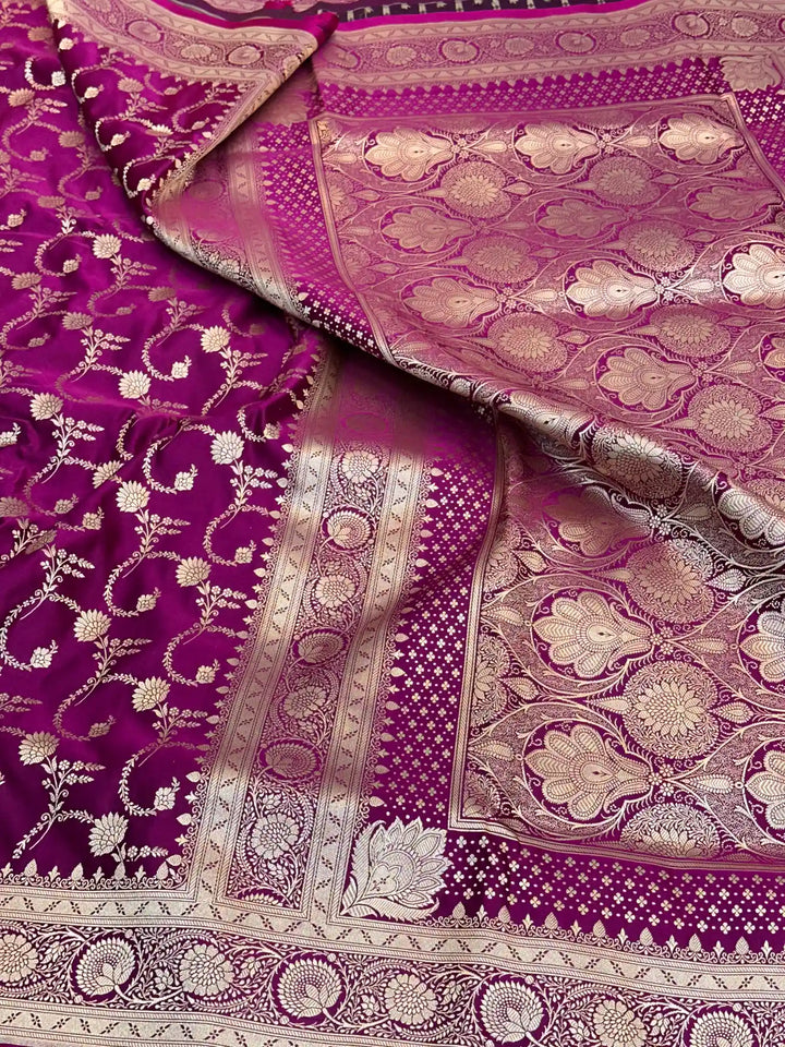 Purple Premium Mashru Katan Silk Floral Jaal Banarasi Saree