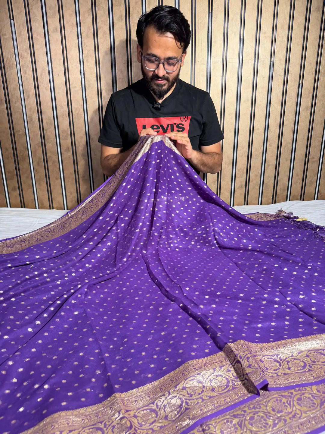 Purple Viscose Georgette Handmade Tassles Banarasi Saree