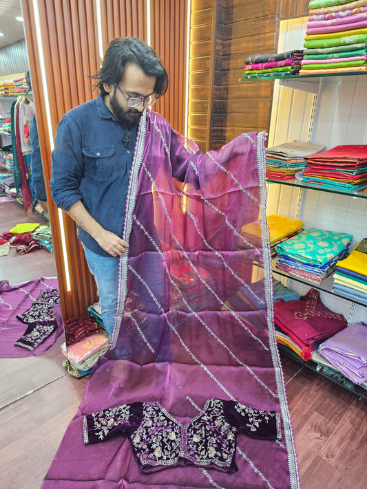 Purple Pink Color Shimmery Tissue Saree with velvet blouse