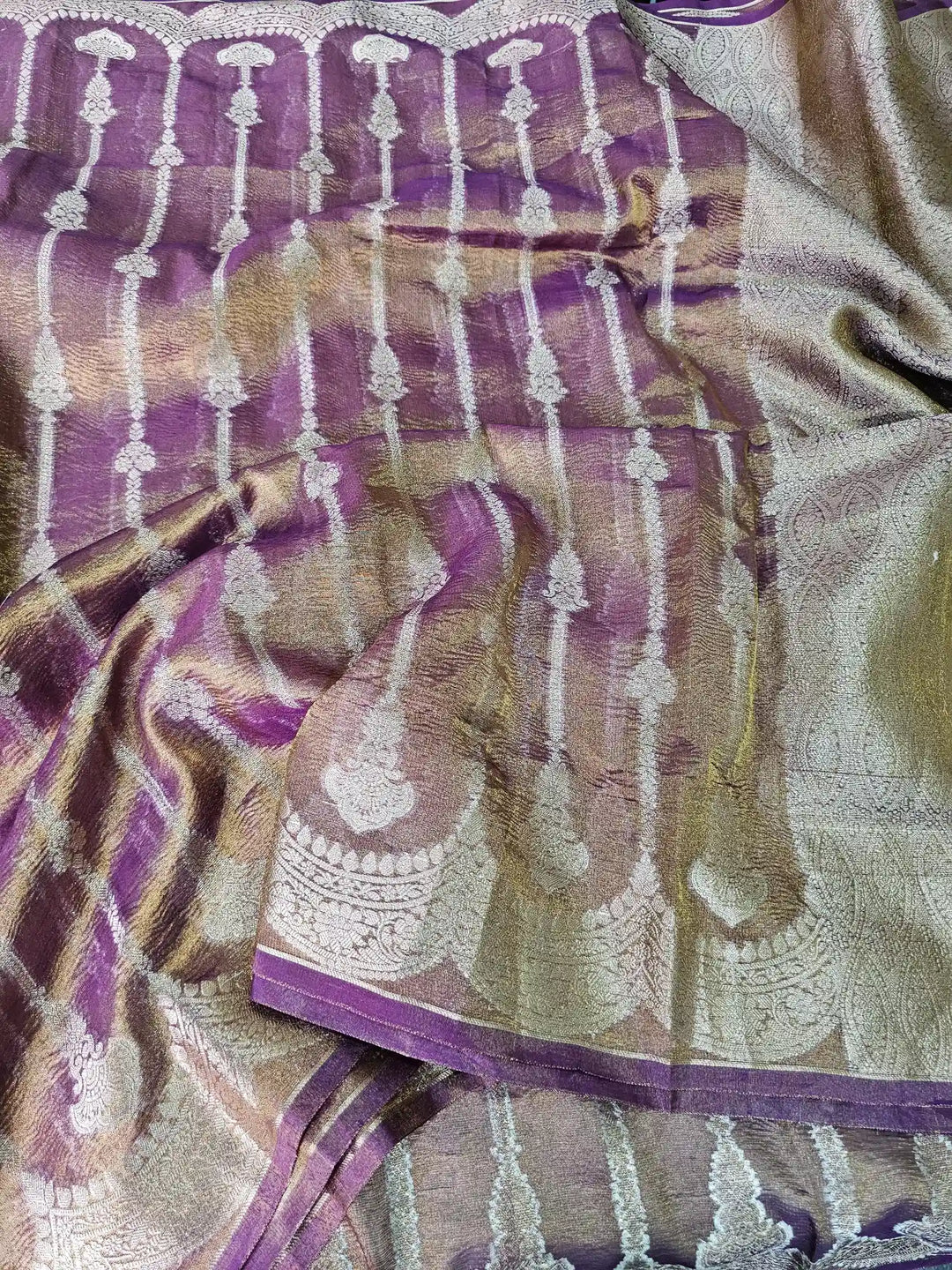 Purple Tissue Silk Embossed Floral Saree