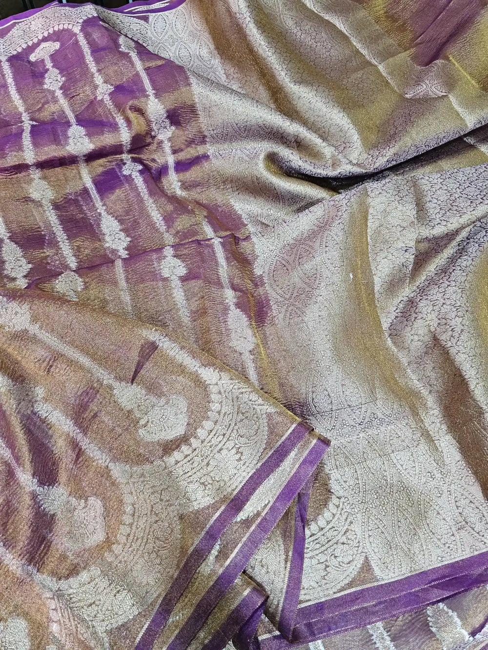 Purple Tissue Silk Embossed Floral Saree