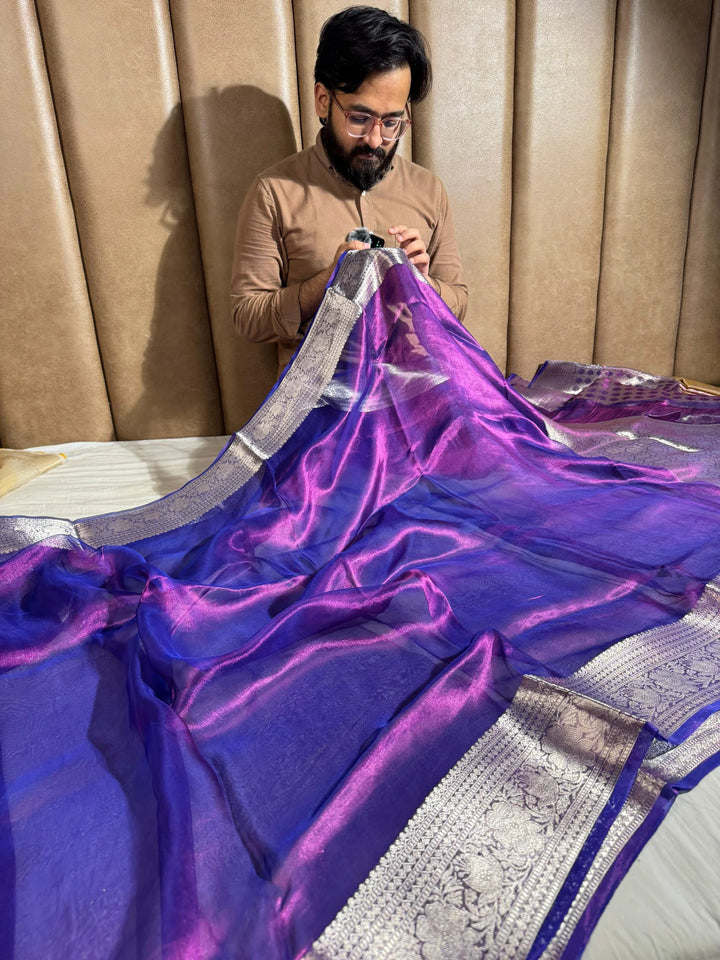 Purple shade Pure Banarasi tissue silk saree rich pallu