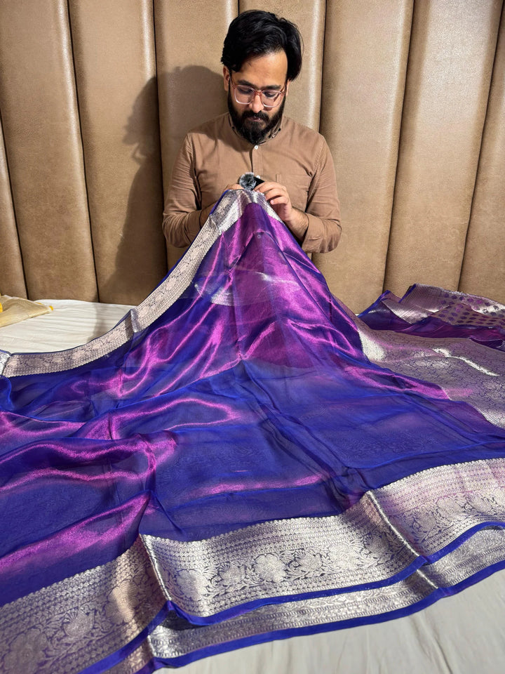 Purple shade Pure Banarasi tissue silk saree rich pallu