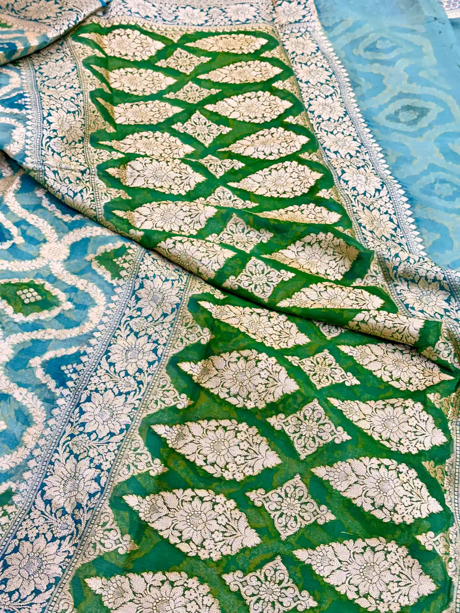 Rama Green Hand Brush Dyed Chiffon Khaddi Banarasi Saree