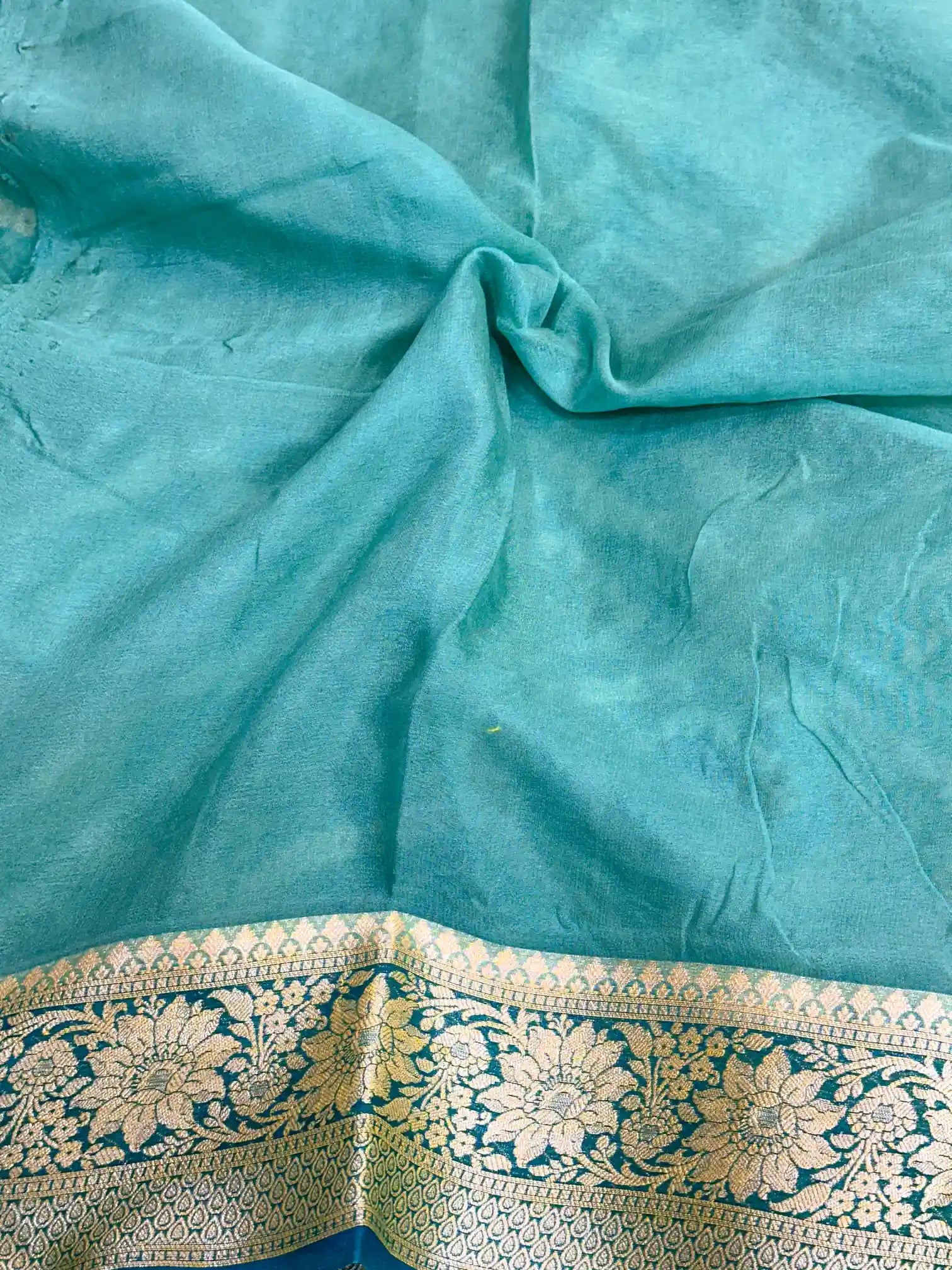 Rama Green Hand Brush Dyed Chiffon Khaddi Banarasi Saree