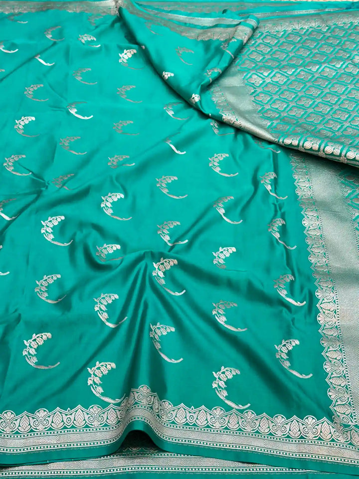 Rama Green Unique Buta Weave Mashru Silk Saree