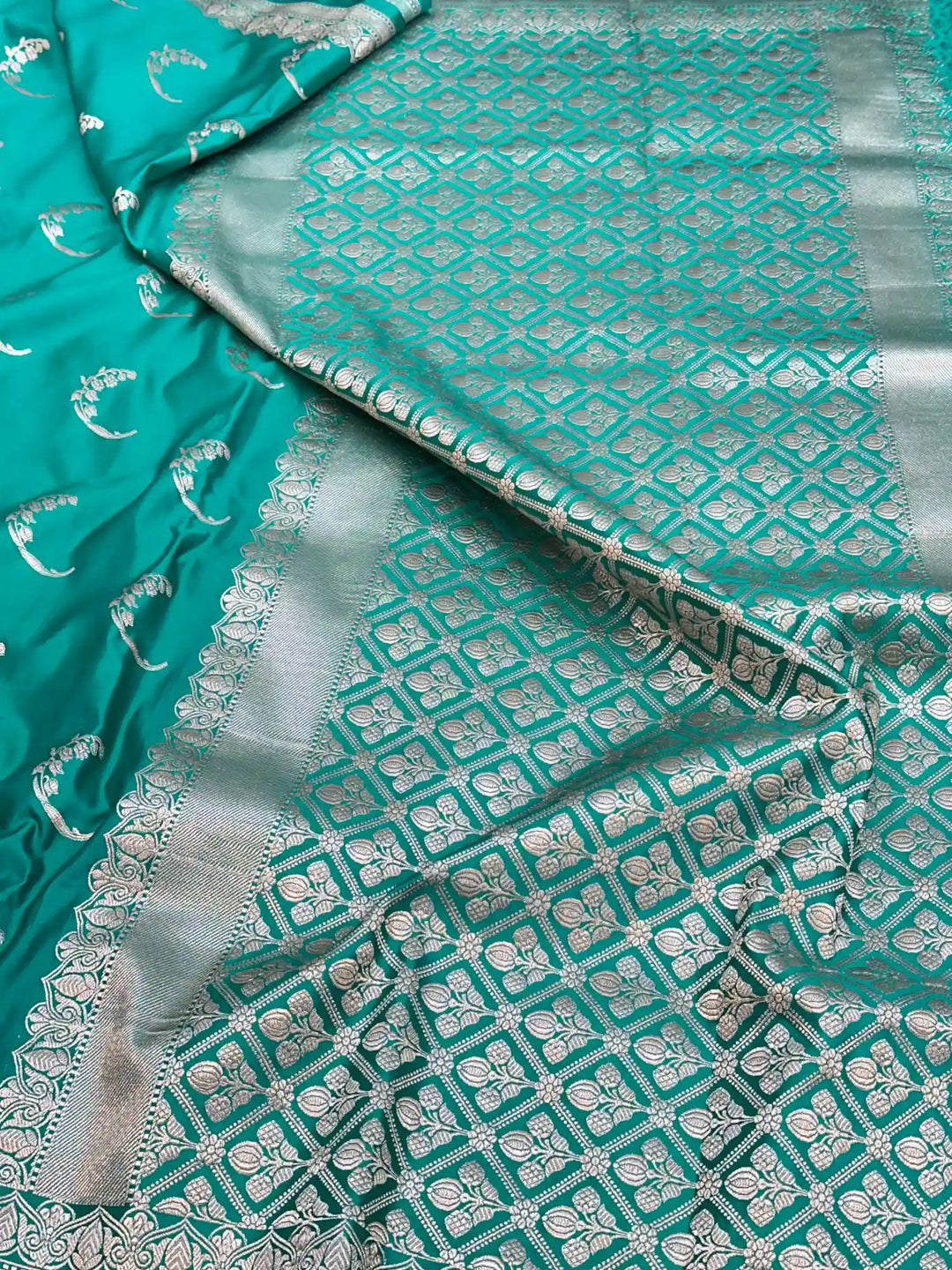 Rama Green Unique Buta Weave Mashru Silk Saree