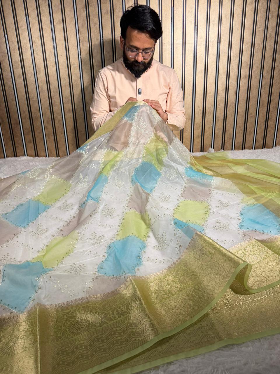 Rangkat Dyed Oragnza Chikankari Embroidered Banarasi Saree