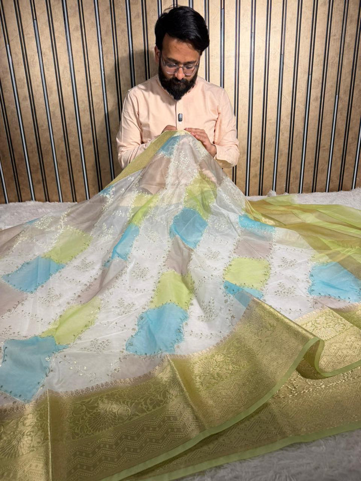 Rangkat Dyed Oragnza Chikankari Embroidered Banarasi Saree