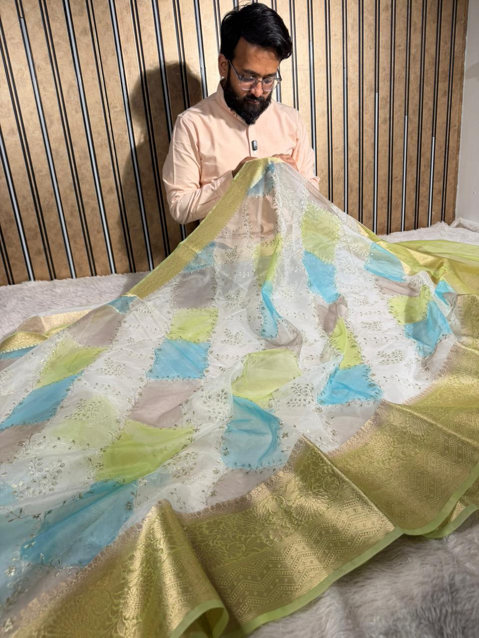 Rangkat Dyed Oragnza Chikankari Embroidered Banarasi Saree