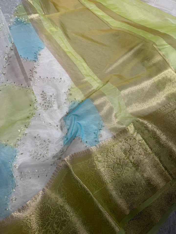 Rangkat Dyed Oragnza Chikankari Embroidered Banarasi Saree