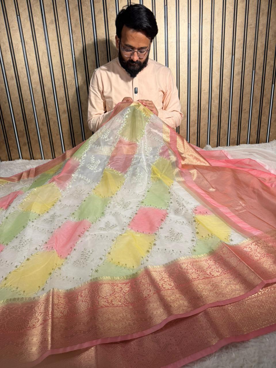 Rangkat Dyed Oragnza Chikankari Embroidered Banarasi Saree