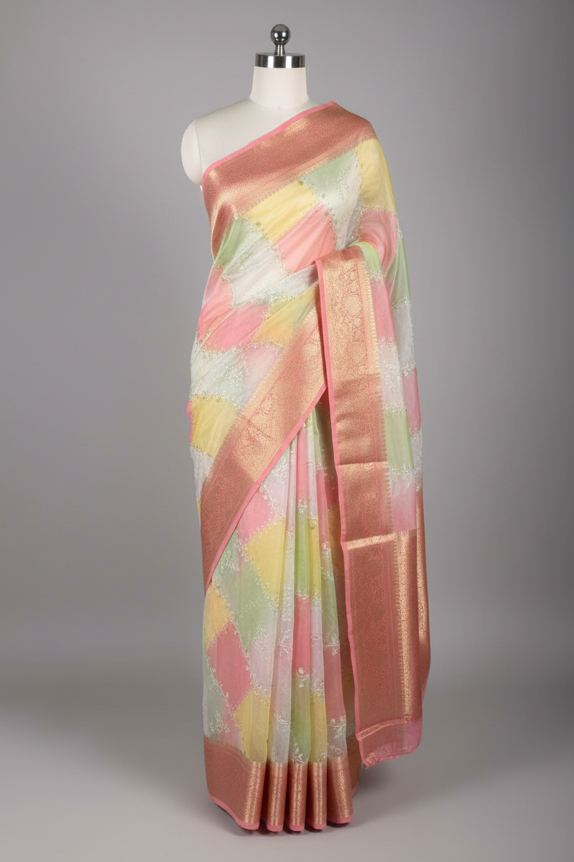 Rangkat Dyed Oragnza Chikankari Embroidered Banarasi Saree