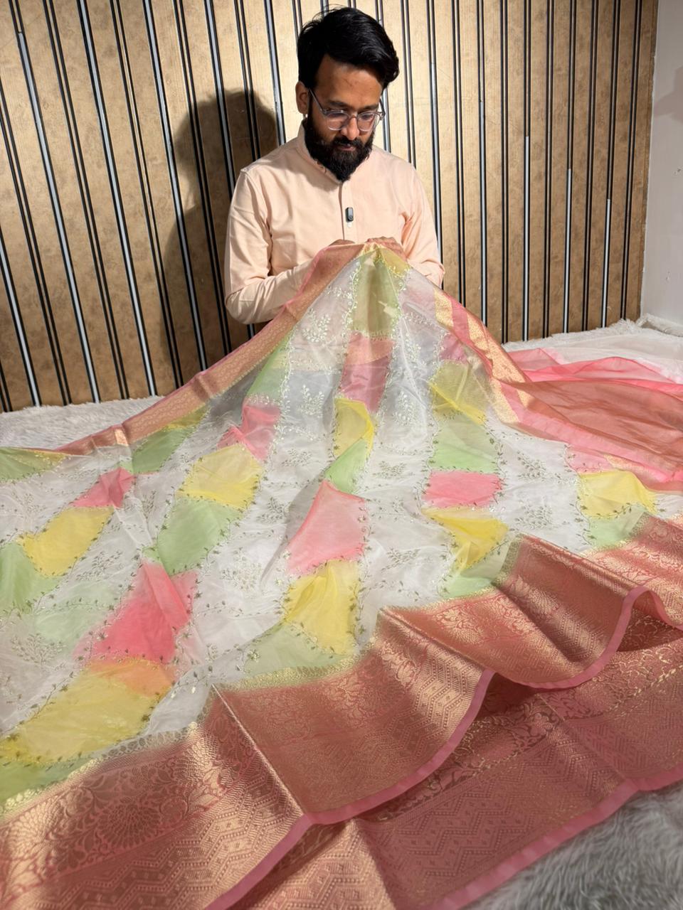 Rangkat Dyed Oragnza Chikankari Embroidered Banarasi Saree