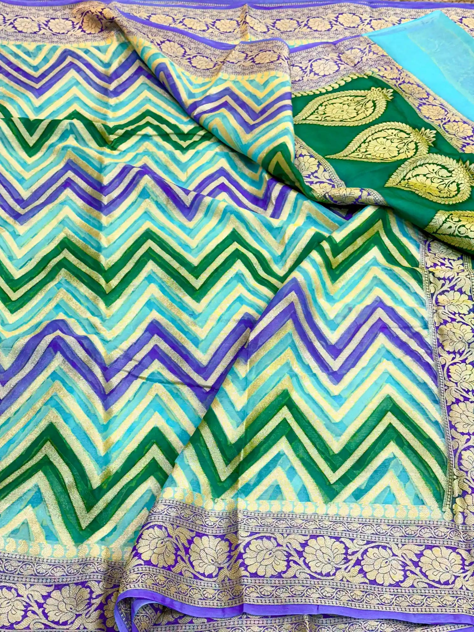 Rangkat Handbrush Dyed Zig Zag Chiffon Banarasi Saree