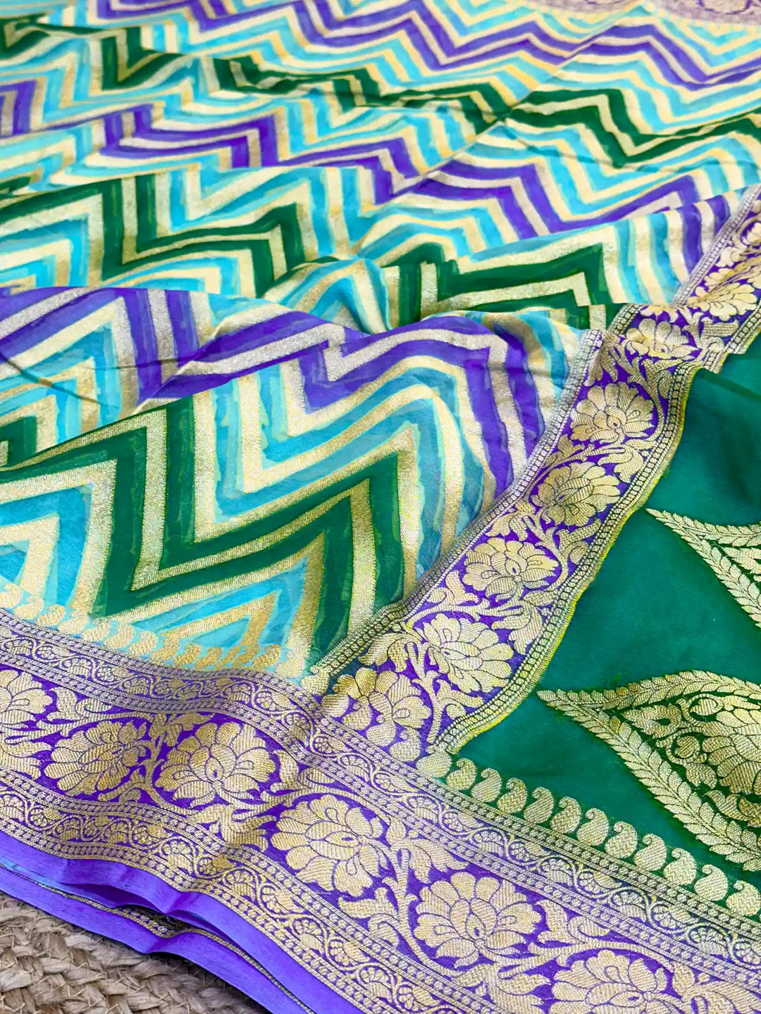 Rangkat Handbrush Dyed Zig Zag Chiffon Banarasi Saree