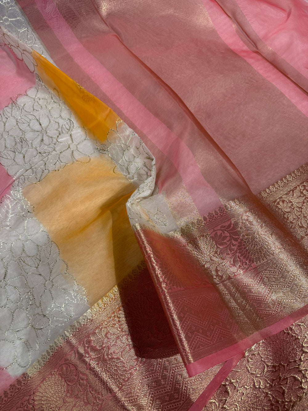 Rangkat Dyed Oragnza Banarasi Chikankari Embroidered Saree