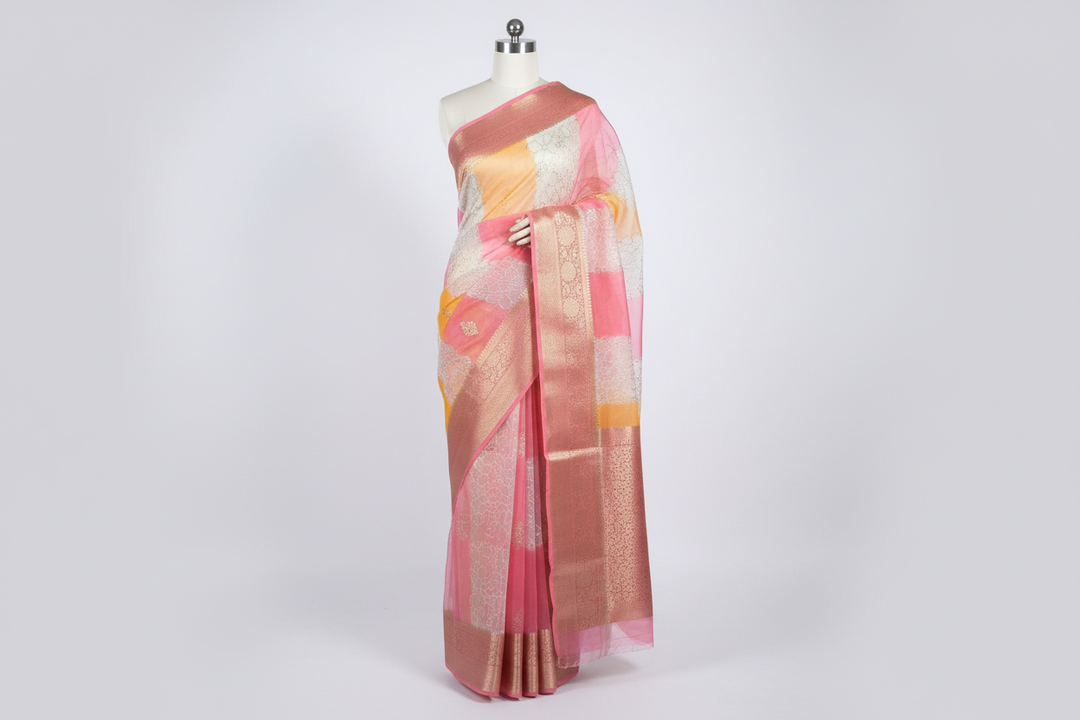 Rangkat Dyed Oragnza Banarasi Chikankari Embroidered Saree 