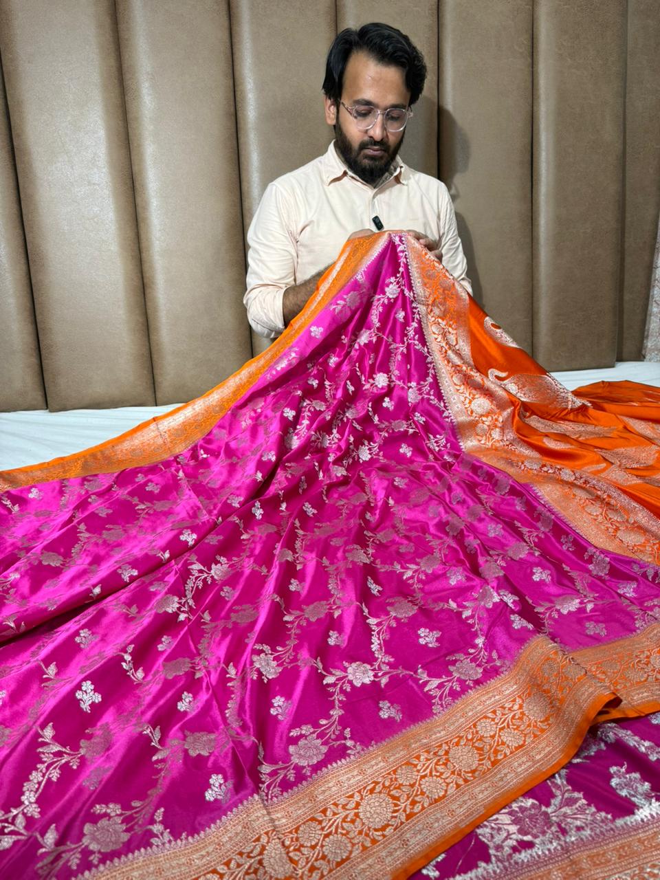 Rani - Orange Jaal Weave Mashru Katan Saree