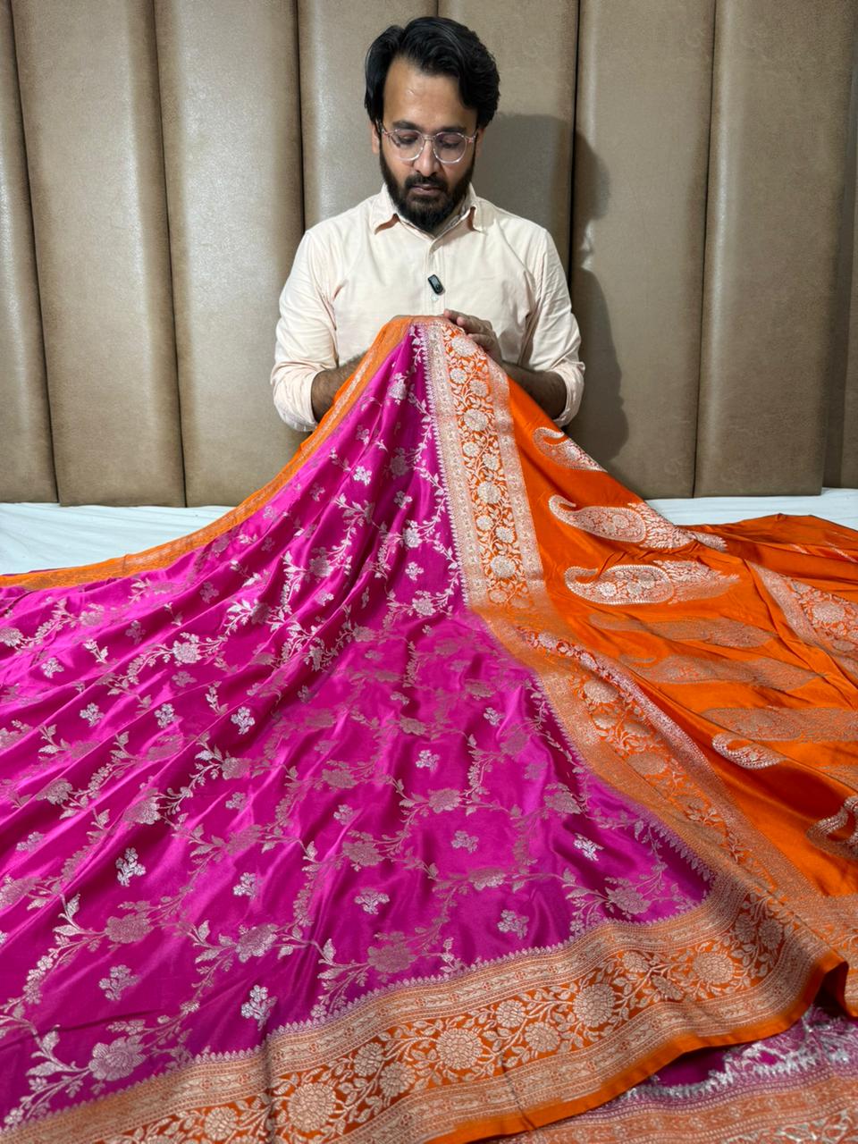 Rani - Orange Jaal Weave Mashru Katan Saree