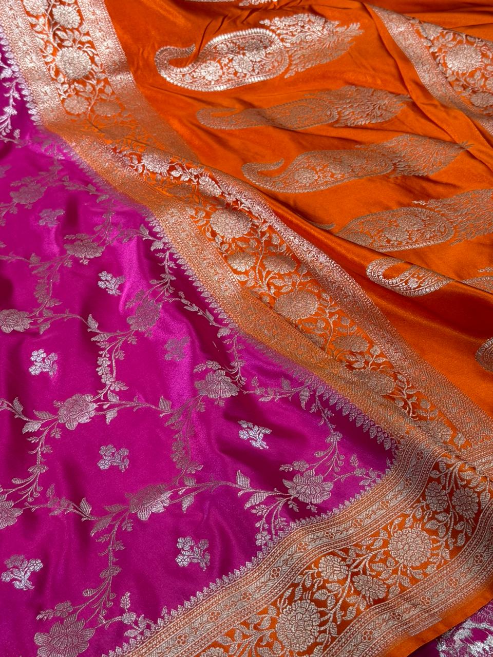 Rani - Orange Jaal Weave Mashru Katan Saree