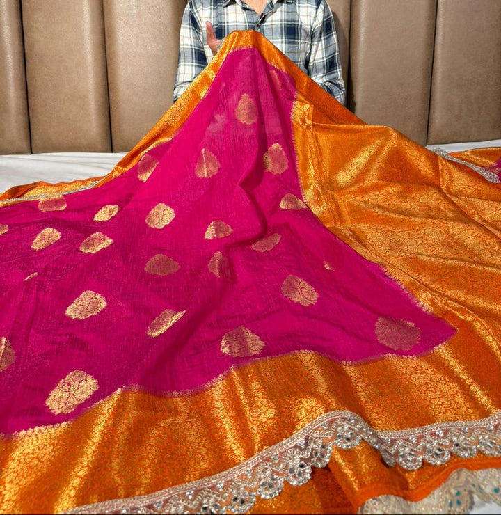 Rani-Orange Matka Silk Pearl Lace Work Saree