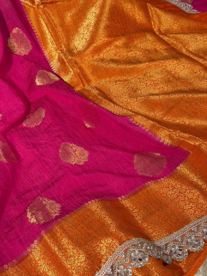 Rani-Orange Matka Silk Pearl Lace Work Saree