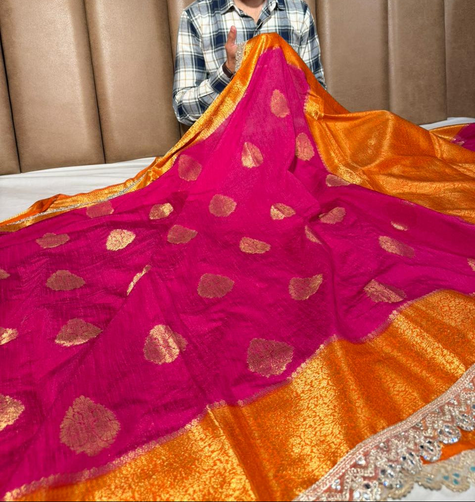 Rani-Orange Matka Silk Pearl Lace Work Saree