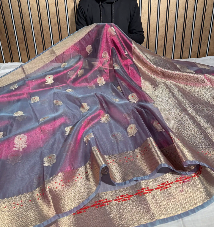Rani Grey Dhoop Chaon Tissue Silk Heritage Meenakari Buta Banarasi Saree