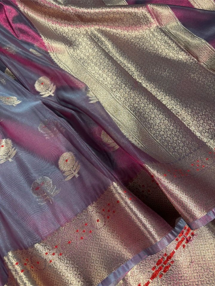 Rani Grey Dhoop Chaon Tissue Silk Heritage Meenakari Buta Banarasi Saree