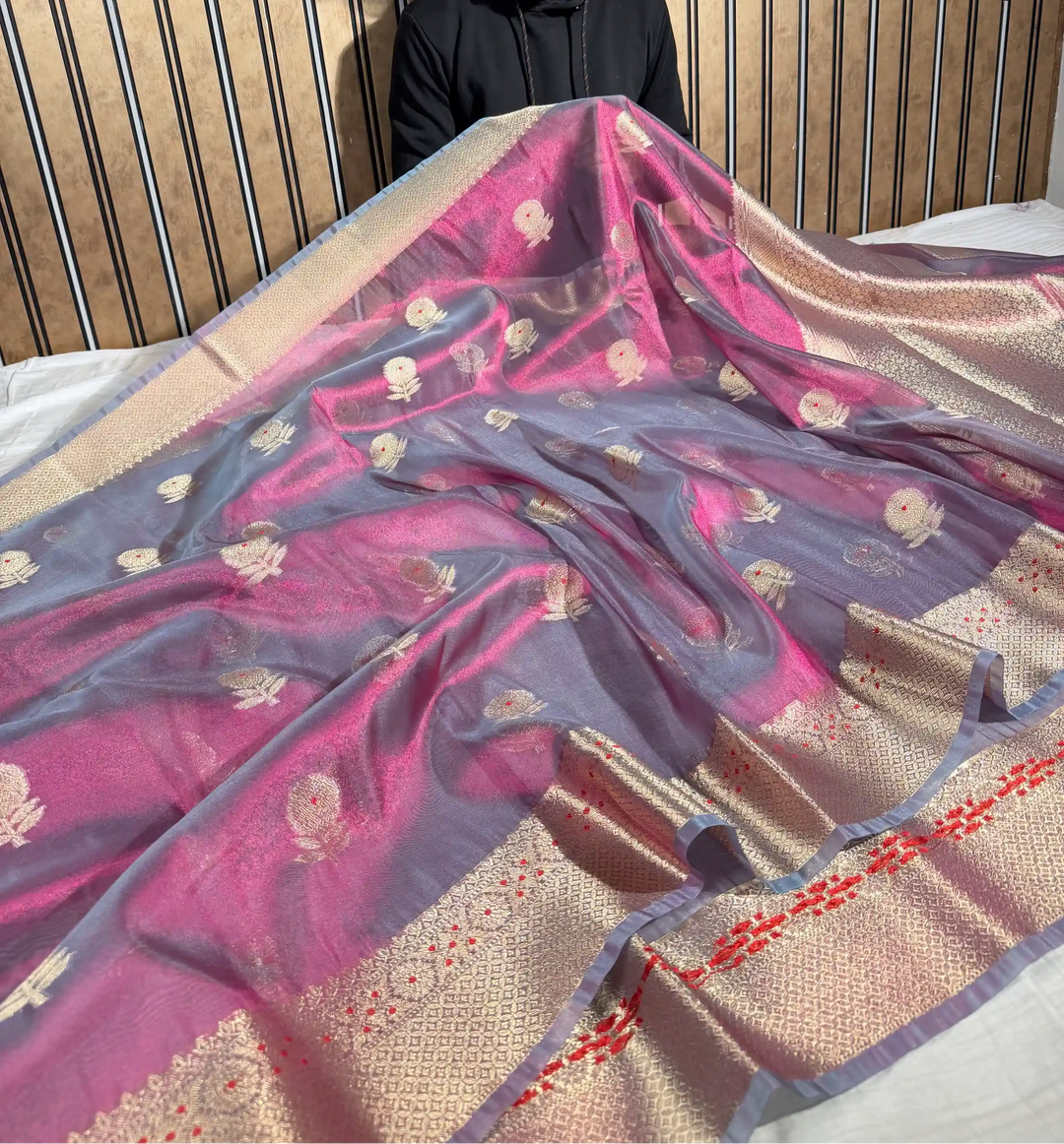 Rani Grey Dhoop Chaon Tissue Silk Heritage Meenakari Buta Banarasi Saree