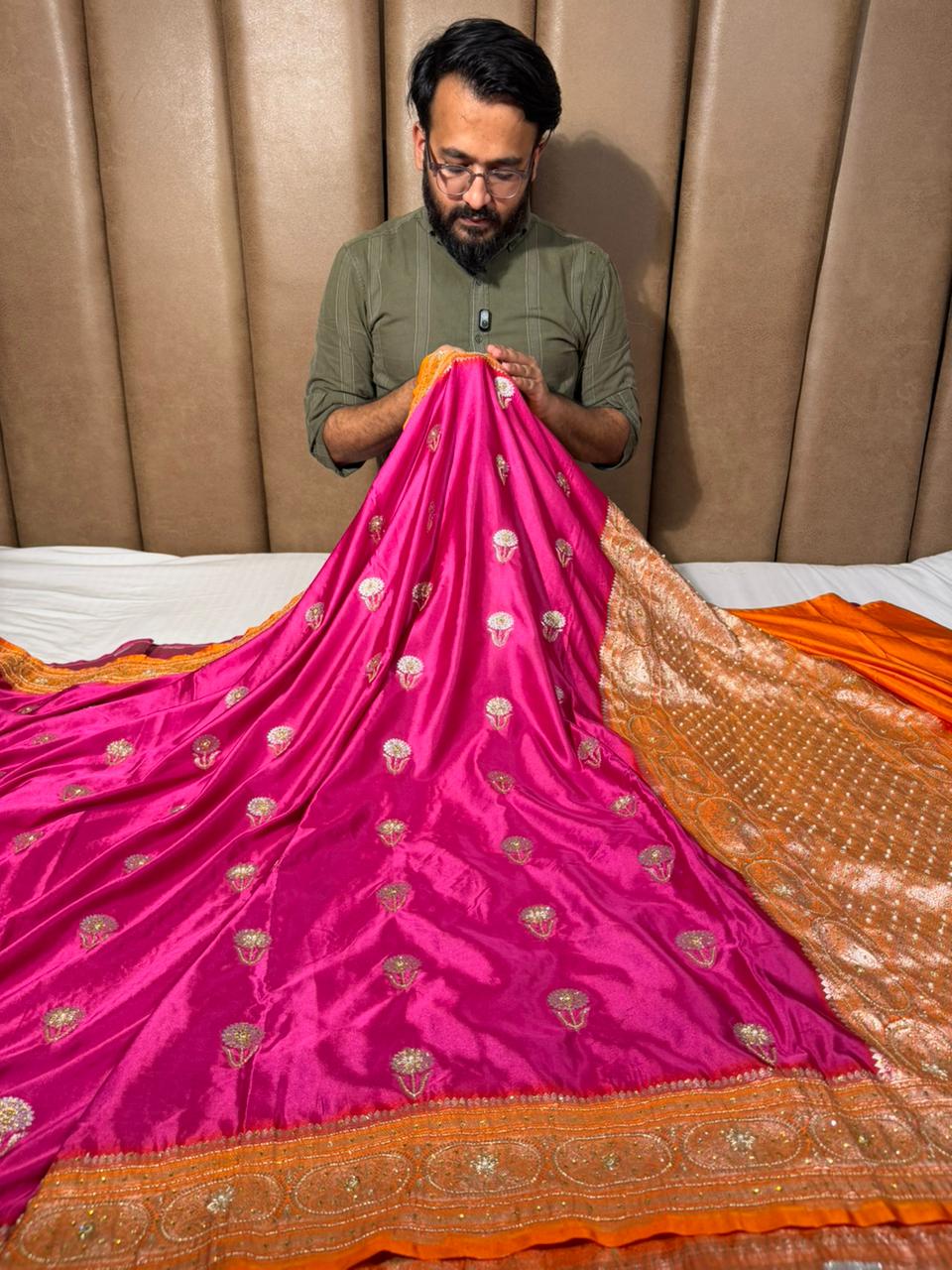 Rani Orange Mashru Katan Premium Handwork Saree