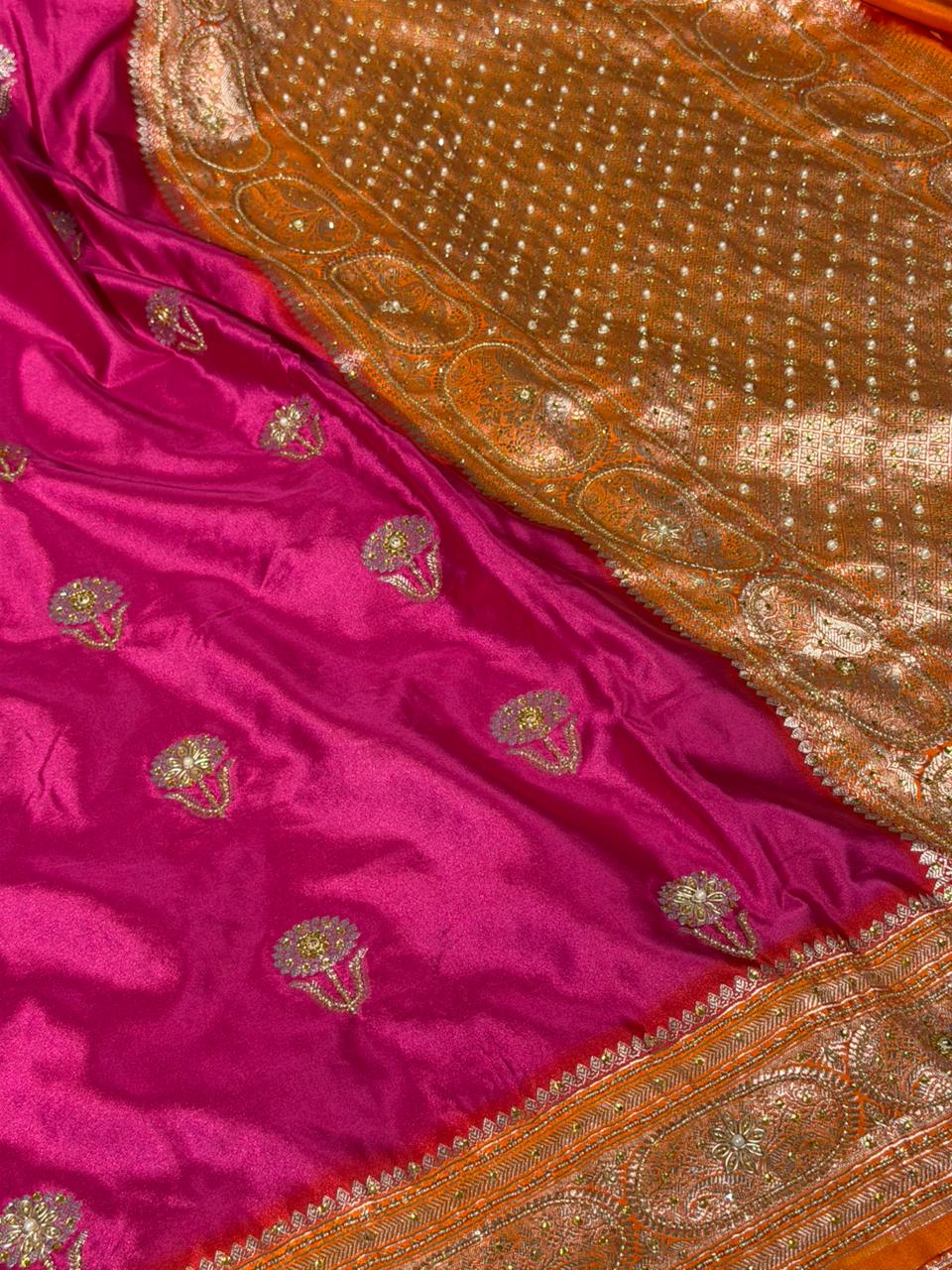 Rani Orange Mashru Katan Premium Handwork Saree