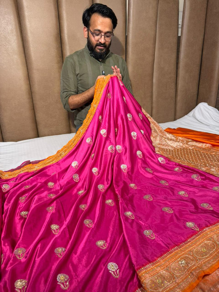 Rani Orange Mashru Katan Premium Handwork Saree