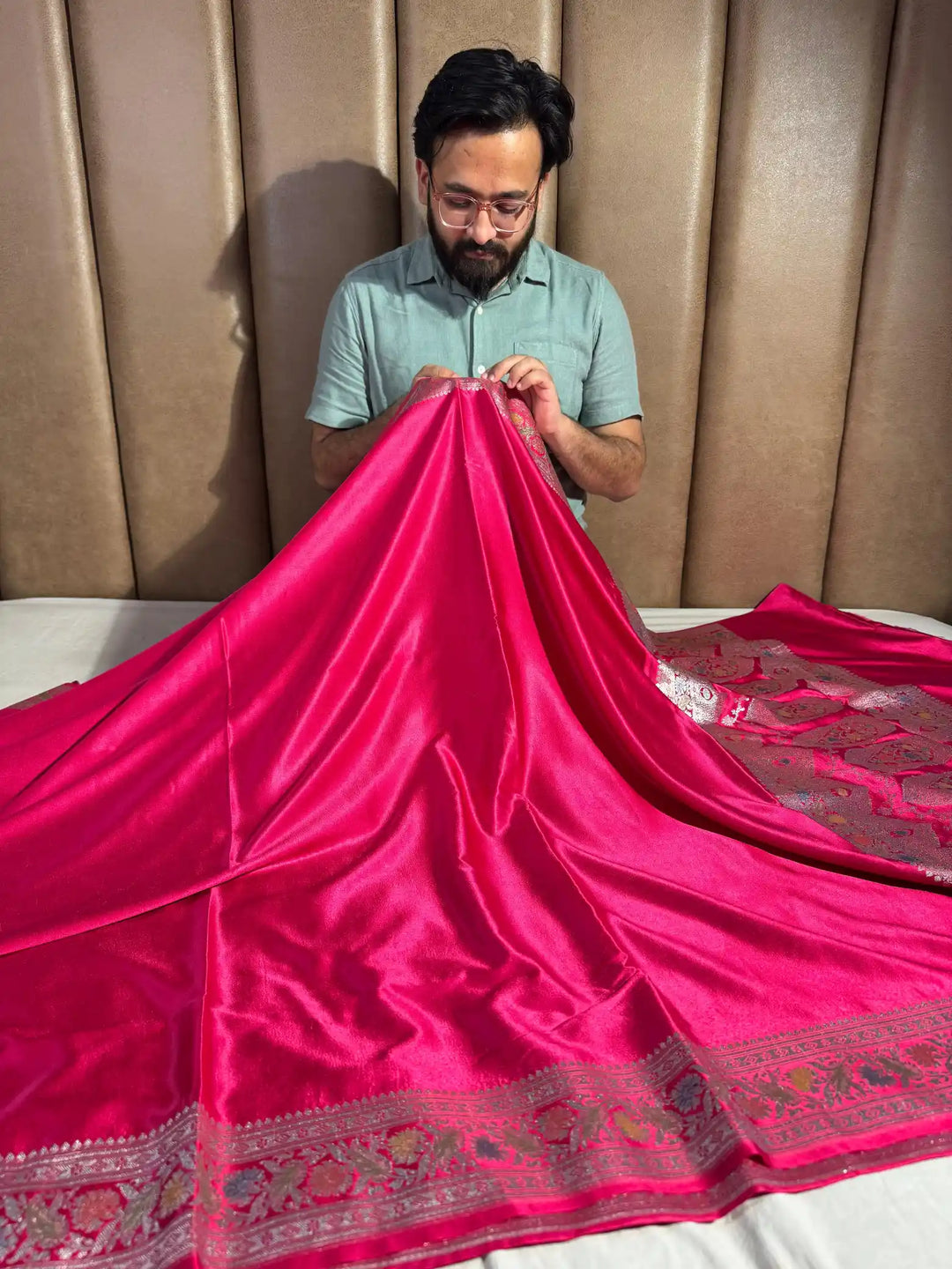 Rani Pink Banarasi Mashru Katan Silk Handbrush Saree with Rich Pallu and Blouse
