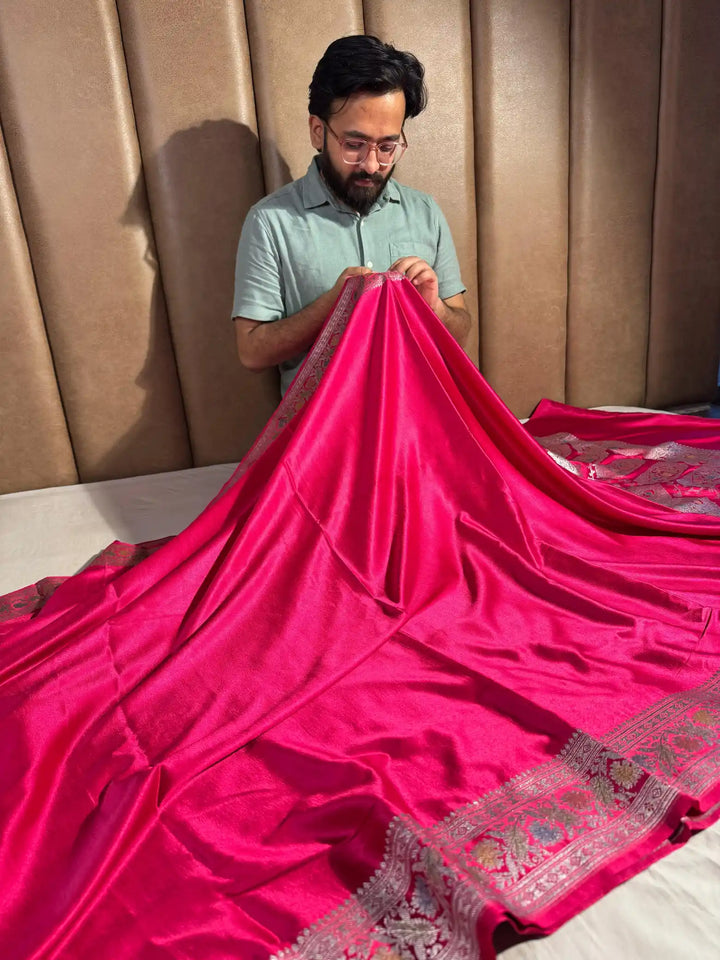 Rani Pink Banarasi Mashru Katan Silk Handbrush Saree with Rich Pallu and Blouse