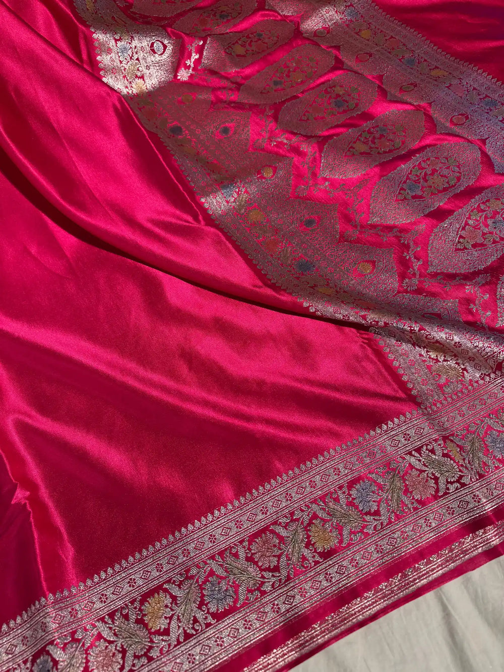 Rani Pink Banarasi Mashru Katan Silk Handbrush Saree with Rich Pallu and Blouse