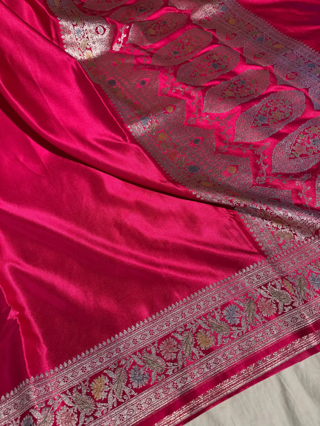 Rani Pink Banarasi Mashru Katan Silk Handbrush Saree with Rich Pallu and Blouse