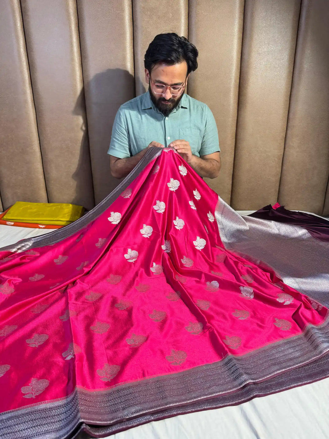 Rani Pink Banarasi Mashru Katan Silk Saree with Rich Pallu and Blouse
