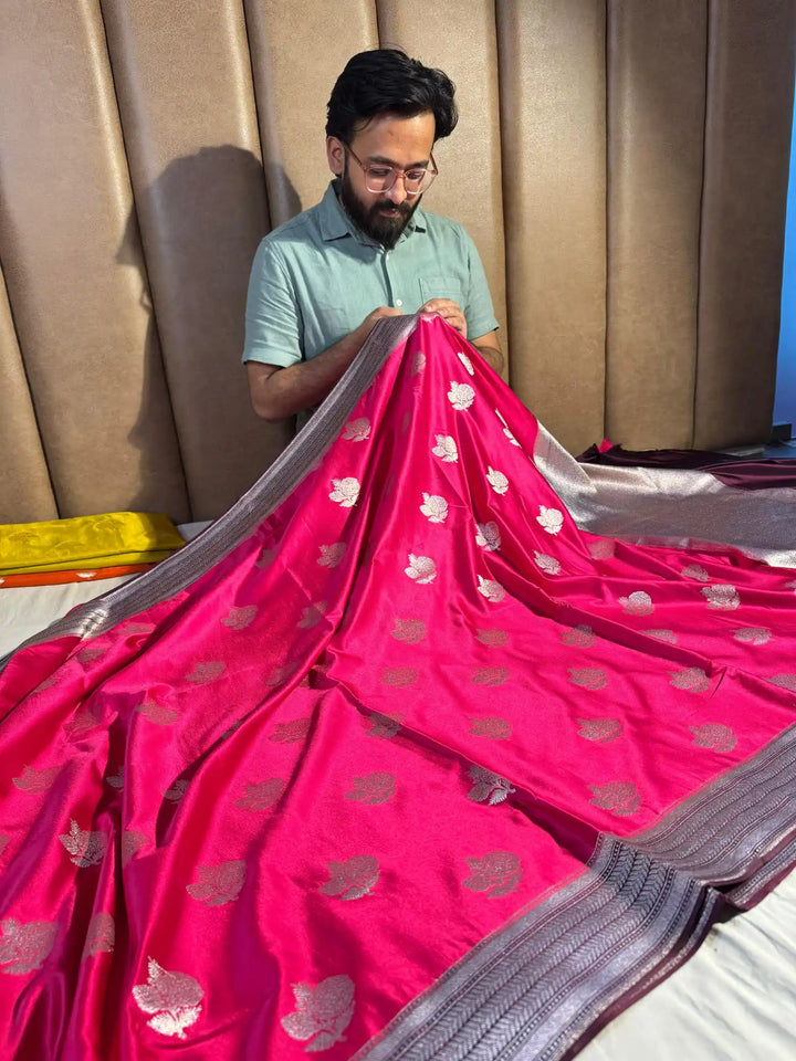 Rani Pink Banarasi Mashru Katan Silk Saree with Rich Pallu and Blouse