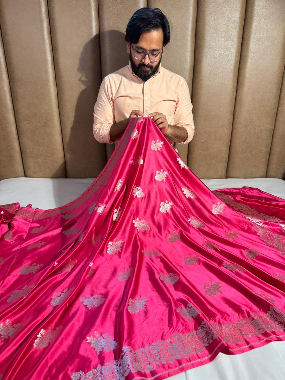 Rani Pink Banarasi Mashru Katan Silk Saree with Rich pallu and blouse