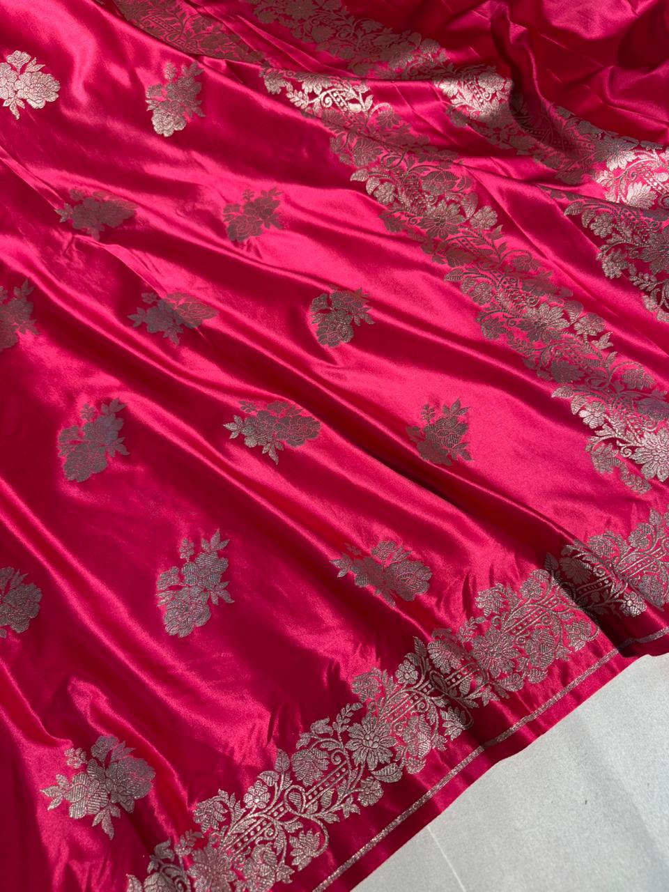 Rani Pink Banarasi Mashru Katan Silk Saree with Rich pallu and blouse