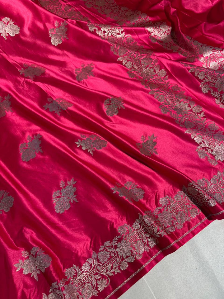 Rani Pink Banarasi Mashru Katan Silk Saree with Rich pallu and blouse