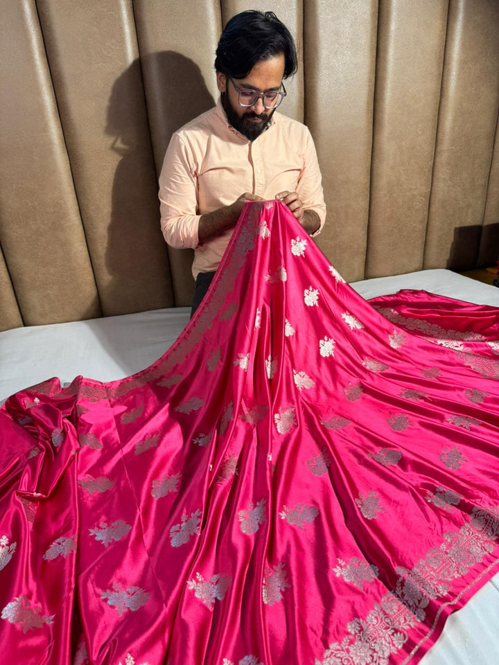 Rani Pink Banarasi Mashru Katan Silk Saree with Rich pallu and blouse