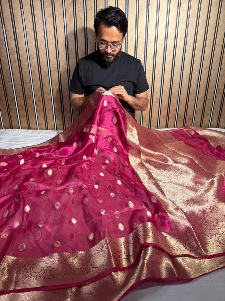 Rani Pink Banarasi Pure Tissue Silk Khaddi Buti Banarasi Saree