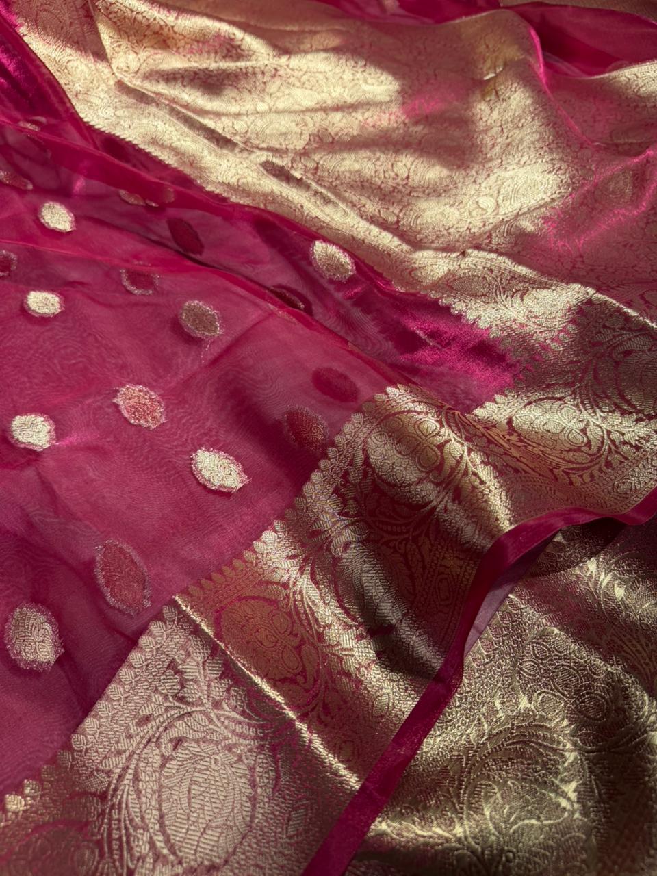 Rani Pink Banarasi Pure Tissue Silk Khaddi Buti Banarasi Saree